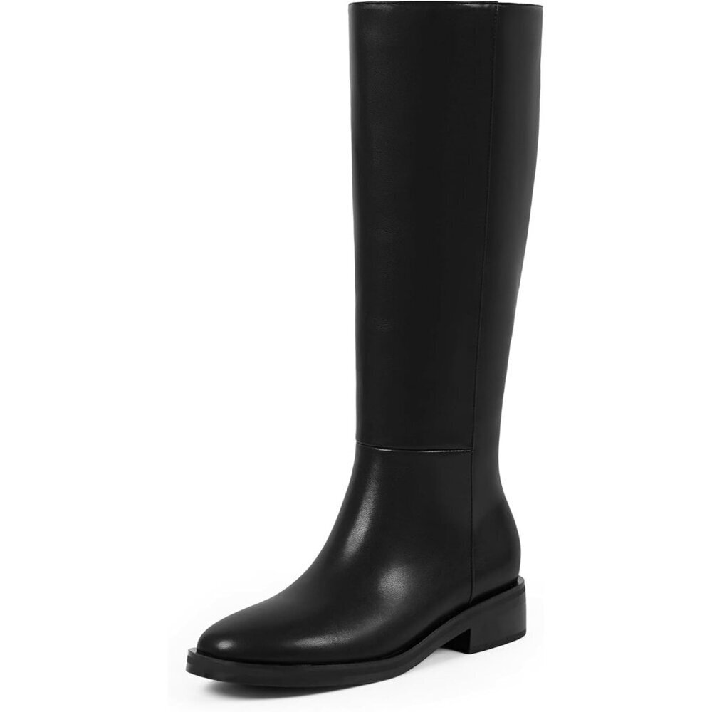 Women Polyurethane Pu Black Round Toe Flat Heel Side Zipper Knee High Tall Boots